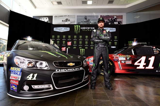 KANNAPOLIS, NC - OCTOBER 21:  Kurt Busch, driver of the #41 Stewart-Haas Racing Chevrolet, poses for a photo opportunity after a press conference announcing Monster Energy as a co-sponsor on the #41 Stewart-Haas Racing Chevrolet at Stewart-Haas Racing on October 21, 2015 in Kannapolis, North Carolina. Monster Energy will team with Busch for a multiyear deal which will include primary sponsorship (hood) for 17 races, secondary sponsorship (quarter panel) for 18 races, and one full primary race sponsorship.  (Photo by Jared C. Tilton/Stewart-Haas Racing via Getty Images)