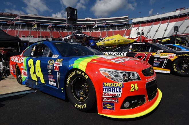 BRISTOL, TN - AUGUST 21:  The car of Jeff Gordon, driver of the #24 Axalta Chevrolet, is seen in the garage area during practice for the NASCAR Sprint Cup Series Irwin Tools Night Race at Bristol Motor Speedway on August 21, 2015 in Bristol, Tennessee.  (Photo by Rainier Ehrhardt/NASCAR via Getty Images)