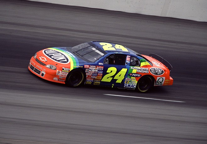 DAYTONA BEACH, FL - FEBRUARY 16, 1997:  Jeff Gordon led a 1-2-3 sweep of the 1997 Daytona 500 for car owner Rick Hendrick. At 25 years of age, Gordon became the youngest winner of the race.  (Photo by ISC Archives via Getty Images)