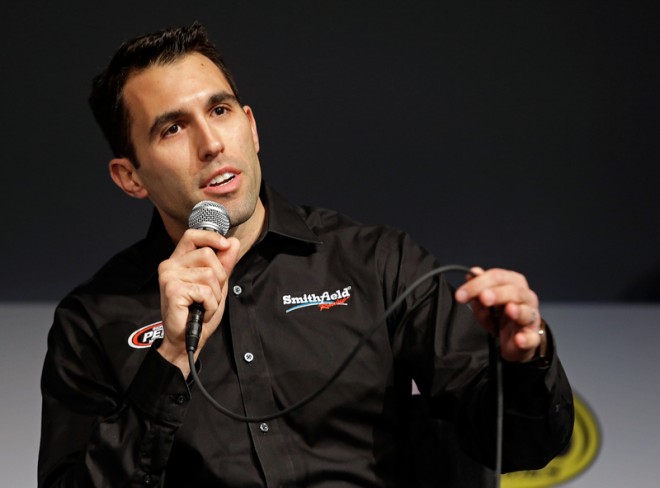 CHARLOTTE, NC - JANUARY 20: Aric Almirola talks about the excitement of driving in the number 43 Ford during the second day of the NASCAR 2016 Charlotte Motor Speedway Media Tour on January 20, 2016 in Charlotte, North Carolina. Photo Bob Leverone / NASCAR via Getty Images (Photo by Bob Leverone/NASCAR via Getty Images)