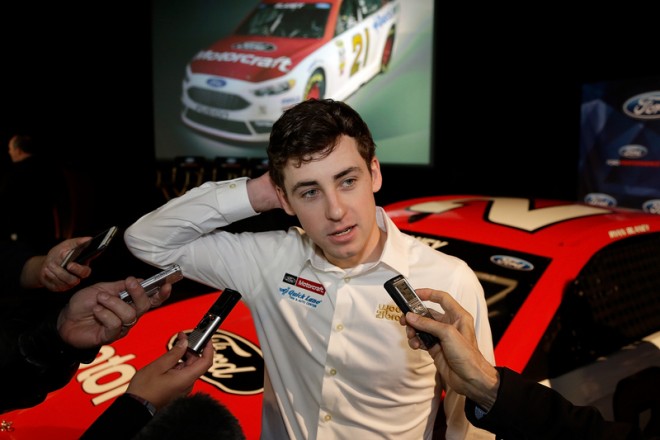 CHARLOTTE, NC - JANUARY 20: Ryan Blaney talks with reporters during the second day of the NASCAR 2016 Charlotte Motor Speedway Media Tour on January 20, 2016 in Charlotte, North Carolina. (Photo by Bob Leverone/NASCAR via Getty Images)