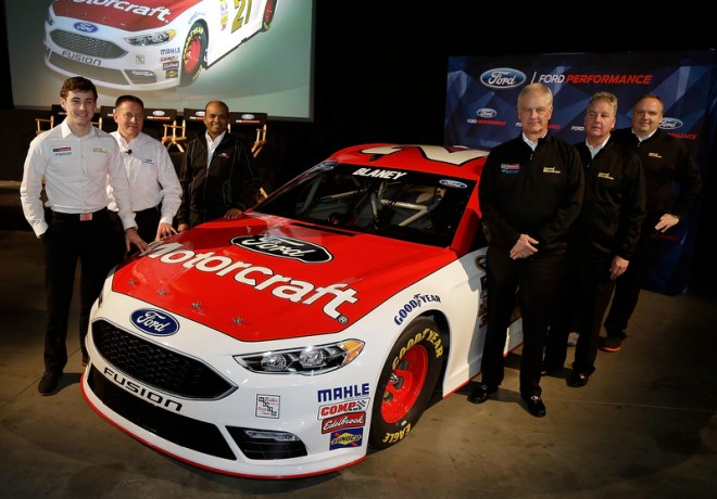 CHARLOTTE, NC - JANUARY 20: The Wood Brother's Racing bTeam poses for a photo with thennew Ford Fusion during the second day of the NASCAR 2016 Charlotte Motor Speedway Media Tour on January 20, 2016 in Charlotte, North Carolina. (Photo by Bob Leverone/NASCAR via Getty Images)