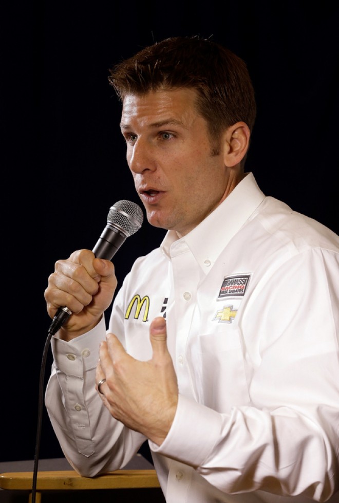 CHARLOTTE, NC - JANUARY 21: Chip Ganassi driver Jamie McMurray talks about all the rules changes to the media during the NASCAR 2016 Charlotte Motor Speedway Media Tour on January 21, 2016 in Charlotte, North Carolina. (Photo by Bob Leverone/NASCAR via Getty Images)