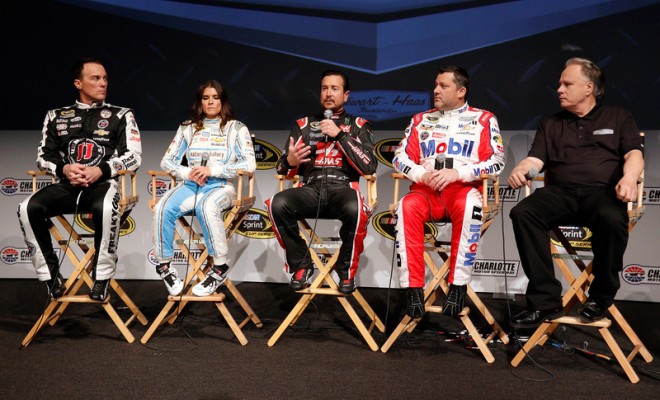 CHARLOTTE, NC - JANUARY 21: Kurt Busch talks as his fellow drivers Kevin Harvick, Danica Patrick, Tony Stewart and team owner, Gene Haas listen during the NASCAR 2016 Charlotte Motor Speedway Media Tour on January 21, 2016 in Charlotte, North Carolina. Bob Leverone / NASCAR via Getty Images  (Photo by Bob Leverone/NASCAR via Getty Images)