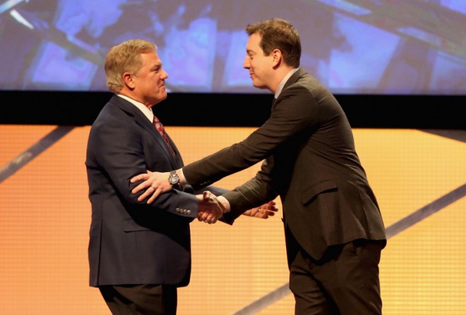 CHARLOTTE, NC - JANUARY 23: (L-R)Former NASCAR driver, Terry Labonte, shakes hands with 2015 NASCAR Sprint Cup Series Champion, Kyle Busch, as he is inducted into the NASCAR Hall of Fame during the NASCAR Hall of Fame Induction Ceremony on January 23, 2016 in Charlotte, North Carolina. (Photo by Streeter Lecka/NASCAR via Getty Images)
