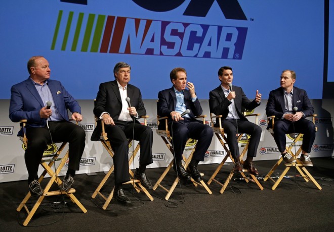 CHARLOTTE, NC - JANUARY 19: The Fox NASCAR television personalities talk with reporters during the NASCAR 2016 Charlotte Motor Speedway Media Tour on January 19, 2016 in Charlotte, North Carolina. Bob Leverone / NASCAR via Getty Images (Photo by Bob Leverone/NASCAR via Getty Images)