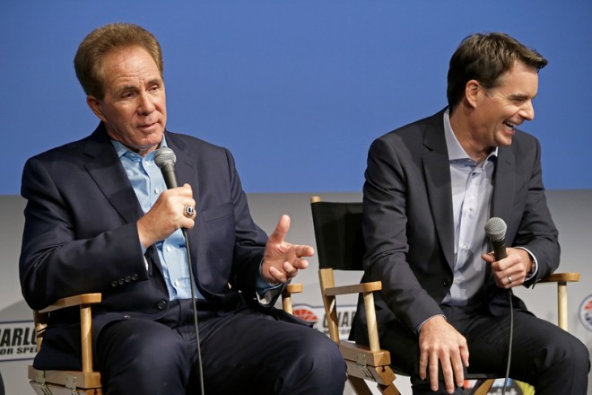 CHARLOTTE, NC - JANUARY 19: Darrell Waltrip talks about the ups and downs of leaving the race car for the televison booth as Jeff Gordon laughs during the NASCAR 2016 Charlotte Motor Speedway Media Tour on January 19, 2016 in Charlotte, North Carolina. Bob Leverone / NASCAR via Getty Images (Photo by Bob Leverone/NASCAR via Getty Images)