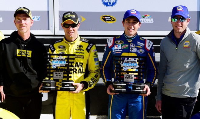 DAYTONA BEACH, FL - FEBRUARY 14:  Chase Elliott, driver of the #24 NAPA Auto Parts Chevrolet, and Matt Kenseth, driver of the #20 Dollar General Toyota, pose with the Daytona 500 Pole Award and Front Row Award after qualifying for the pole position and front row for the NASCAR Sprint Cup Series Daytona 500 at Daytona International Speedway on February 14, 2016 in Daytona Beach, Florida.  (Photo by Jared C. Tilton/Getty Images)
