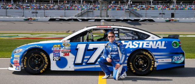 DAYTONA BEACH, FL - FEBRUARY 14:  Ricky Stenhouse Jr., driver of the #17 Fastenal Ford, poses with his car after qualifying for the NASCAR Sprint Cup Series Daytona 500 at Daytona International Speedway on February 14, 2016 in Daytona Beach, Florida.  (Photo by Jonathan Ferrey/NASCAR via Getty Images)