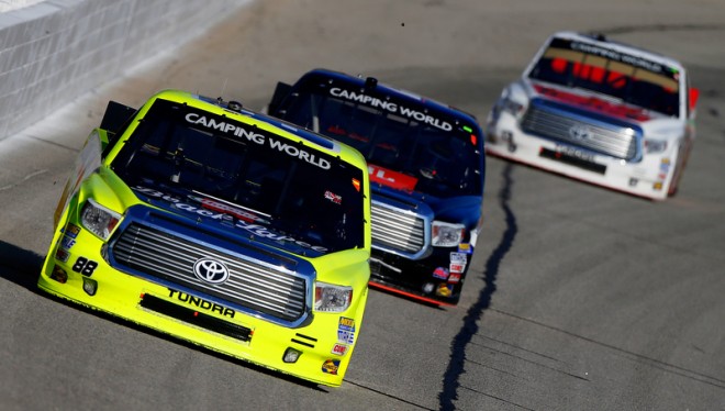 during the NASCAR Camping World Truck Series Great Clips 200 at Atlanta Motor Speedway on February 27, 2016 in Hampton, Georgia.