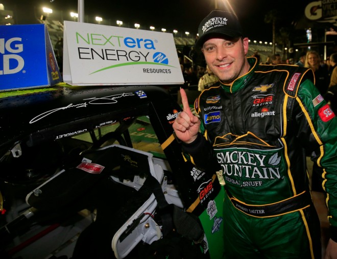 DAYTONA BEACH, FL - FEBRUARY 19: Johnny Sauter, driver of the #21 Smokey Mountain Herbal Snuff Chevrolet, poses in Victory Lane with the winner's decal after winning the NASCAR Camping World Truck Series NextEra Energy Resources 250 at Daytona International Speedway on February 19, 2016 in Daytona Beach, Florida. (Photo by Chris Trotman/NASCAR via Getty Images)