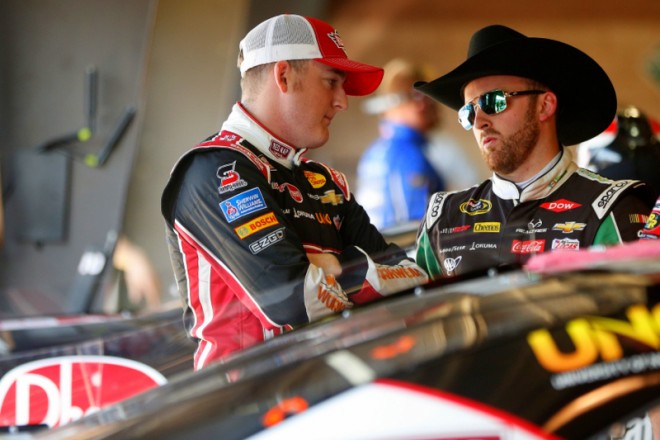 FONTANA, CA - MARCH 18: Austin Dillon, driver of the #2 Rheem Chevrolet, and Ty Dillon, driver of the #3 Bulwark/PAR Electric Chevrolet, talk during practice for the NASCAR Xfinity Series TreatMyClot.com 300 at Auto Club Speedway on March 18, 2016 in Fontana, California. (Photo by Brian Lawdermilk/NASCAR via Getty Images)