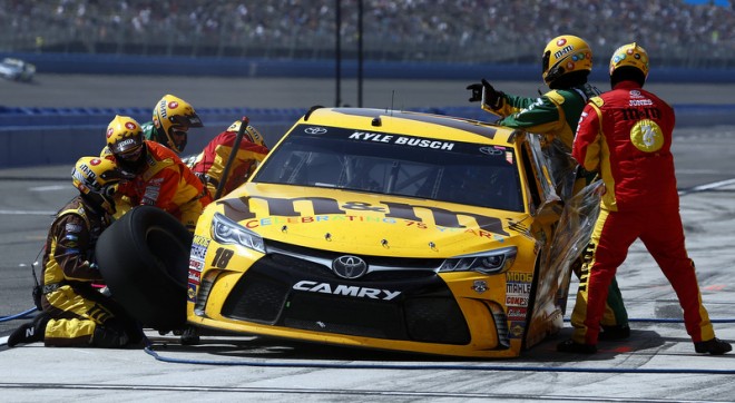 during the NASCAR Sprint Cup Series Auto Club 400 at Auto Club Speedway on March 20, 2016 in Fontana, California.