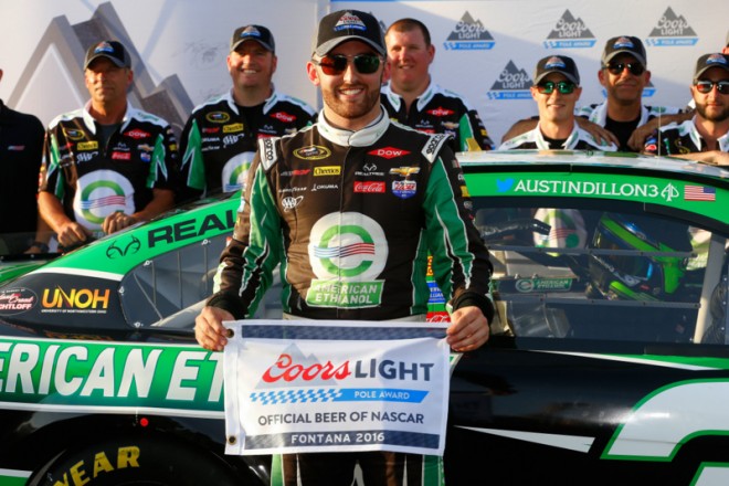 FONTANA, CA - MARCH 18: Austin Dillon, driver of the #3 American Ethanol Chevrolet, poses for a photo after winning the Coors Light Pole Award during qualifying for the NASCAR Sprint Cup Series Auto Club 400 at Auto Club Speedway on March 18, 2016 in Fontana, California. (Photo by Brian Lawdermilk/NASCAR via Getty Images)