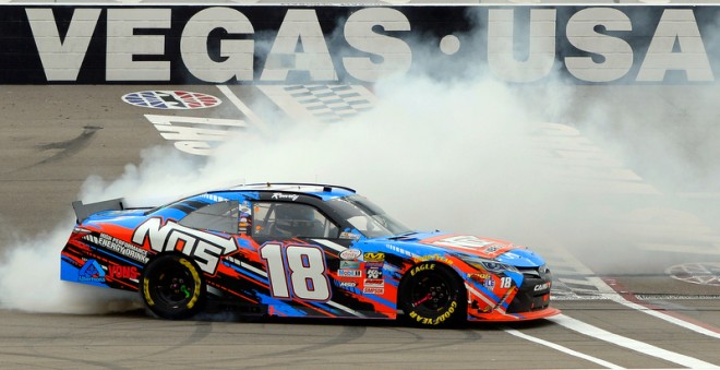 LAS VEGAS, NV - MARCH 05: Kyle Busch, driver of the #18 NOS Energy Drink Toyota, does a burnout after winning the NASCAR Xfinity Series Boyd Gaming 300 at Las Vegas Motor Speedway on March 5, 2016 in Las Vegas, Nevada. (Photo by Robert Laberge/Getty Images)