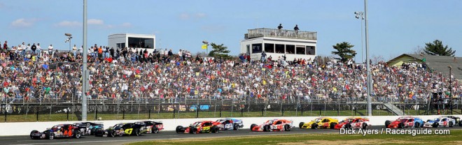 STAFFORD SPRINGS, CT - APRIL 28: The field gets the green falg to begin the CARQUEST Tech-Net Spring Sizzler at Stafford Motor Speedway on April 28, 2013 in Stafford Springs, Connecticut. (Photo by Alex Trautwig/NASCAR via Getty Images) *** Local Caption *** Bobby Santos