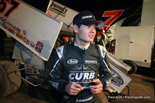 (032213)Kyle Larson in the pit area at Stockton 99 Dirt Track