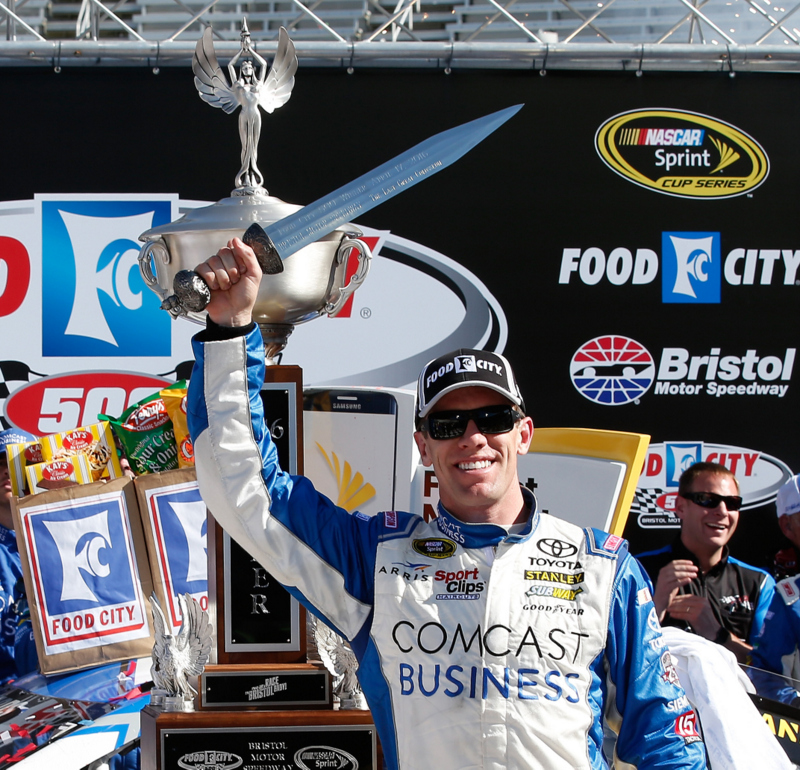 BRISTOL, TN - APRIL 17: Carl Edwards, driver of the #19 Comcast Business Toyota, celebrates in Victory Lane after winning the NASCAR Sprint Cup Series Food City 500 at Bristol Motor Speedway on April 17, 2016 in Bristol, Tennessee. (Photo by Todd Warshaw/NASCAR via Getty Images)