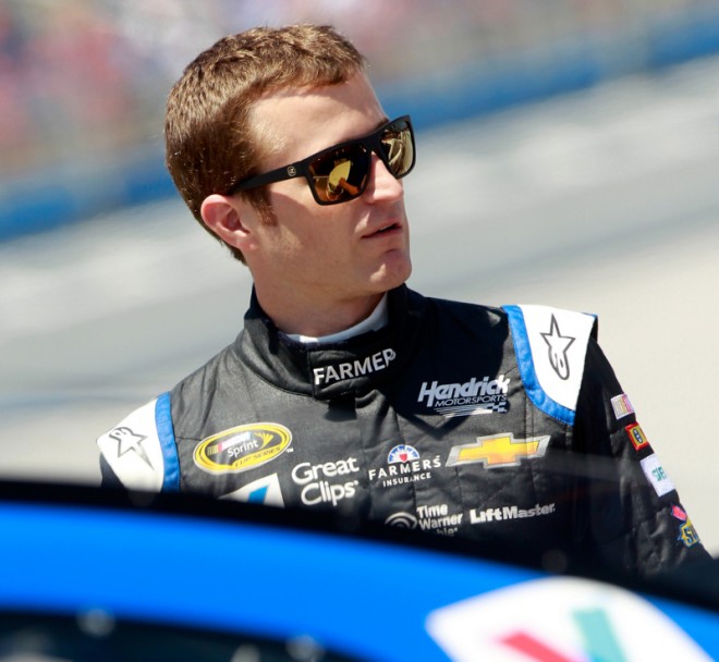 TALLADEGA, AL - MAY 02:  Kasey Kahne, driver of the #5 Farmers Insurance Chevrolet, stands on the grid during qualifying for the NASCAR Sprint Cup Series GEICO 500 at Talladega Superspeedway on May 2, 2015 in Talladega, Alabama.  (Photo by Brian Lawdermilk/Getty Images)