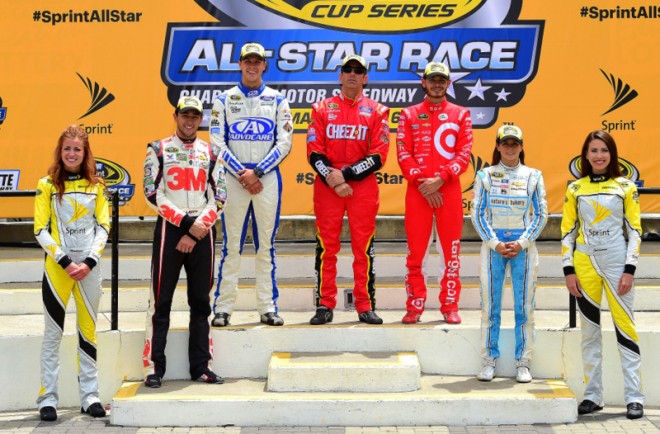 CHARLOTTE, NC - MAY 21:  (Top row L-R) The segment winners, Trevor Bayne, driver of the #6 AdvoCare Ford, Greg Biffle, driver of the #16 Cheez-It Ford, and Kyle Larson, driver of the #42 Target Chevrolet, pose with the fan vote winners Chase Elliott, driver of the #24 3M Chevrolet, and Danica Patrick, driver of the #10 Nature's Bakery Chevrolet, in Victory Lane after the NASCAR Sprint Cup Series Sprint Showdown at Charlotte Motor Speedway on May 21, 2016 in Charlotte, North Carolina.  (Photo by Jared C. Tilton/Getty Images)