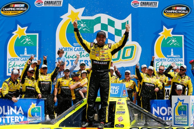 CHARLOTTE, NC - MAY 21: Matt Crafton, driver of the #88 Damp Rid/Menards Toyota, celebrates in Victory Lane after winning the NASCAR Camping World Truck Series North Carolina Education Lottery 200 at Charlotte Motor Speedway on May 21, 2016 in Charlotte, North Carolina. (Photo by Jonathan Ferrey/NASCAR via Getty Images)