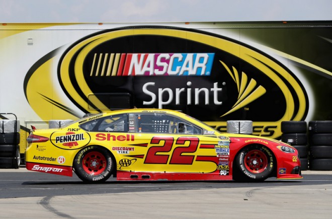 CHARLOTTE, NC - MAY 26: Joey Logano, driver of the #22 Shell Pennzoil Ford, drives through the garage area during practice for the NASCAR Sprint Cup Series Coca-Cola 600 at Charlotte Motor Speedway on May 27, 2016 in Charlotte, North Carolina.  (Photo by Streeter Lecka/Getty Images)