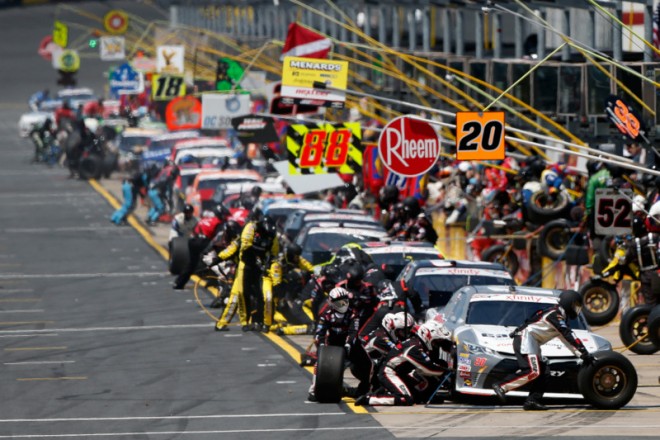 CHARLOTTE, NC - MAY 28: A view of pit road as drivers pit during the NASCAR XFINITY Series Hisense 300 at Charlotte Motor Speedway on May 28, 2016 in Charlotte, North Carolina.  (Photo by Brian Lawdermilk/Getty Images)
