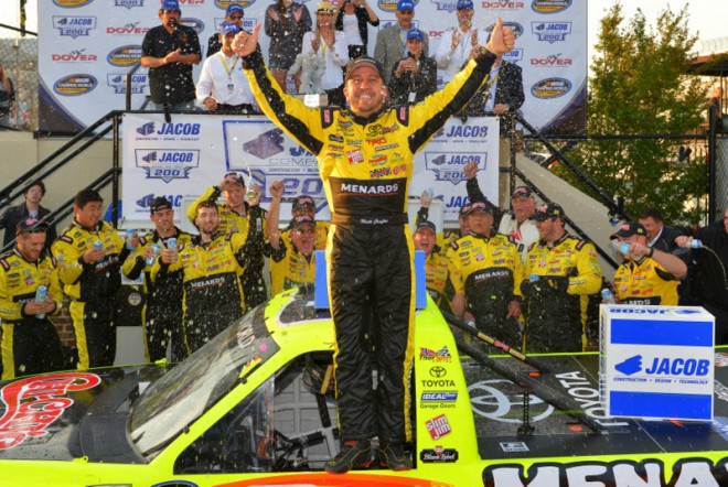 DOVER, DE - MAY 13: Matt Crafton, driver of the #88 Chi-Chi's/Menards Toyota, celebrates in Victory Lane after winning the NASCAR Camping World Truck Series JACOB Companies 200 at Dover International Speedway on May 13, 2016 in Dover, Delaware. (Photo by Drew Hallowell/NASCAR via Getty Images)