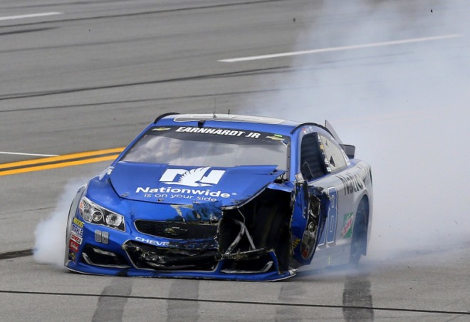 TALLADEGA, AL - MAY 01: Dale Earnhardt Jr, driver of the #88 Nationwide Chevrolet, has an on track incident during the NASCAR Sprint Cup Series GEICO 500 at Talladega Superspeedway on May 1, 2016 in Talladega, Alabama. (Photo by Jerry Markland/Getty Images)