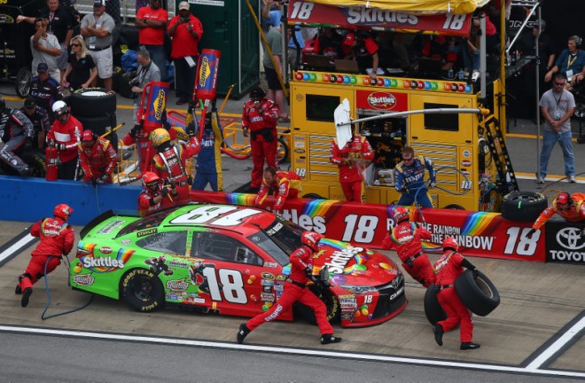 TALLADEGA, AL - MAY 01:  Kyle Busch, driver of the #18 Skittles Marvel Toyota, pits during the NASCAR Sprint Cup Series GEICO 500 at Talladega Superspeedway on May 1, 2016 in Talladega, Alabama.  (Photo by Sarah Crabill/NASCAR via Getty Images)