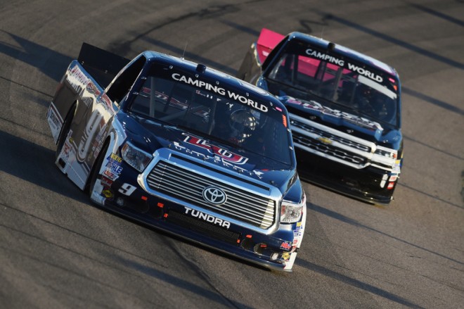 NEWTON, IA - JUNE 18: William Byron, driver of the #9 Liberty University Toyota, races during the NASCAR Camping World Truck Series Speediatrics 200 at Iowa Speedway on June 18, 2016 in Newton, Iowa. (Photo by Rainier Ehrhardt/NASCAR via Getty Images)