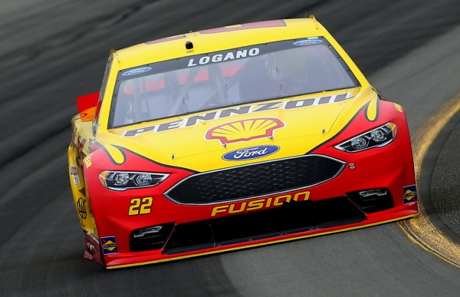 LONG POND, PA - JUNE 03:  Joey Logano, driver of the #22 Shell Pennzoil Ford, qualifies for the NASCAR Sprint Cup Series Axalta "We Paint Winners" 400 at Pocono Raceway on June 3, 2016 in Long Pond, Pennsylvania.  (Photo by Matt Hazlett/Getty Images)