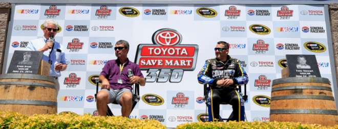 SONOMA, CA - JUNE 24: (L-R) Former driver Ernie Irvan and Tony Stewart, driver of the #14 Code 3 Assoc/Mobil 1 Chevrolet, are inducted into the Sonoma Raceway Wall Of Fame after practice for the NASCAR Sprint Cup Series Toyota/Save Mart 350 at Sonoma Raceway on June 24, 2016 in Sonoma, California. (Photo by Chris Trotman/NASCAR via Getty Images)