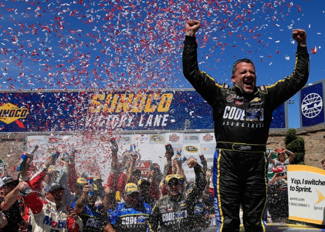SONOMA, CA - JUNE 26: Tony Stewart, driver of the #14 Code 3 Assoc/Mobil 1 Chevrolet, celebrates in victory lane after winning the NASCAR Sprint Cup Series Toyota/Save Mart 350 at Sonoma Raceway on June 26, 2016 in Sonoma, California. (Photo by Chris Trotman/NASCAR via Getty Images)