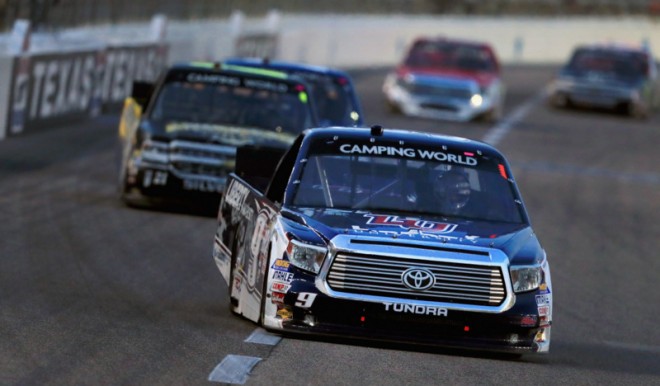 FORT WORTH, TX - JUNE 10:  William Byron, driver of the #9 Liberty University Toyota, drives during the NASCAR Camping World Truck Series Rattlesnake 400 at Texas Motor Speedway on June 10, 2016 in Fort Worth, Texas.  (Photo by Tom Pennington/Getty Images for Texas Motor Speedway)
