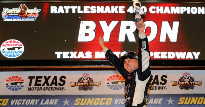 FORT WORTH, TX - JUNE 10:  William Byron, driver of the #9 Liberty University Toyota, celebrates in victory lane after winning the NASCAR Camping World Truck Series Rattlesnake 400 at Texas Motor Speedway on June 10, 2016 in Fort Worth, Texas.  (Photo by Jonathan Ferrey/Getty Images for Texas Motor Speedway)