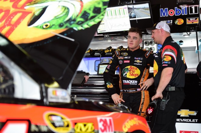 TALLADEGA, AL - APRIL 29:  Ty Dillon, driver of the #14 Bass Pro Shops Chevrolet, speaks to crew chief Mike Bugarewicz in the garage area during practice for the NASCAR Sprint Cup Series GEICO 500 at Talladega Superspeedway on April 29, 2016 in Talladega, Alabama.  (Photo by Matt Sullivan/NASCAR via Getty Images)