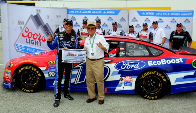 DAYTONA BEACH, FL - JULY 01: Greg Biffle, driver of the #16 Ford EcoBoost Ford, poses with the Coors Light Pole Award with Jack Roush after qualifying for the pole position for the NASCAR Sprint Cup Series Coke Zero 400 at Daytona International Speedway on July 1, 2016 in Daytona Beach, Florida.  (Photo by Jerry Markland/Getty Images)