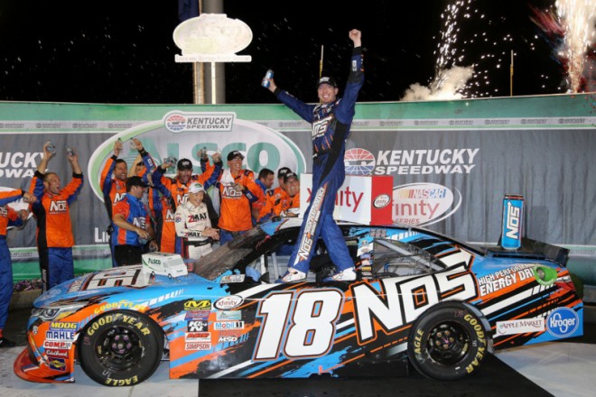 SPARTA, KY - JULY 08: Kyle Busch, driver of the #18 NOS Energy Drink Toyota, celebrates in Victory Lane after winning the NASCAR XFINITY Series ALSCO 300 at Kentucky Speedway on July 8, 2016 in Sparta, Kentucky.  (Photo by Jerry Markland/Getty Images)