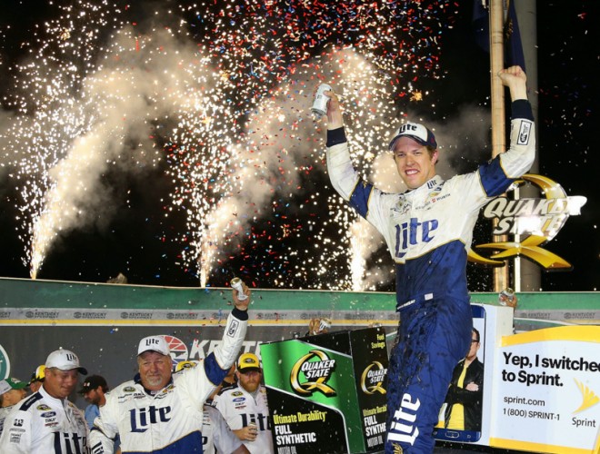 SPARTA, KY - JULY 09:  Brad Keselowski, driver of the #2 Miller Lite Ford, celebrates in Victory Lane after winning the NASCAR Sprint Cup Series Quaker State 400 at Kentucky Speedway on July 9, 2016 in Sparta, Kentucky.  (Photo by Matt Sullivan/Getty Images)