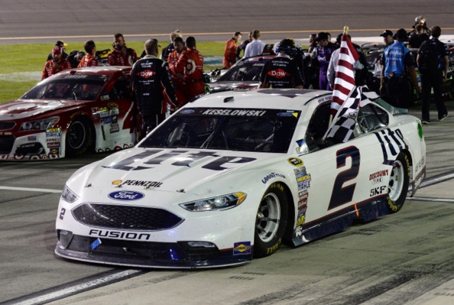 SPARTA, KY - JULY 09: Brad Keselowski, driver of the #2 Miller Lite Ford, drives down pit road after winning the NASCAR Sprint Cup Series Quaker State 400 at Kentucky Speedway on July 9, 2016 in Sparta, Kentucky.  (Photo by Blaine Ohigashi/Getty Images)