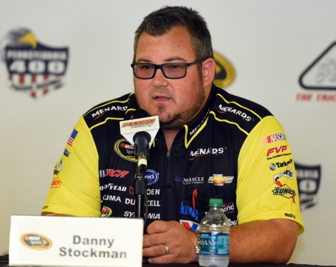 LONG POND, PA - JULY 29: Danny Stockman, crew chief of the #27 Moen/Menards Chevrolet driven by Paul Menard, holds a press conference after practice for the NASCAR Sprint Cup Series Pennsylvania 400 at Pocono Raceway on July 29, 2016 in Long Pond, Pennsylvania. (Photo by Josh Hedges/Getty Images)