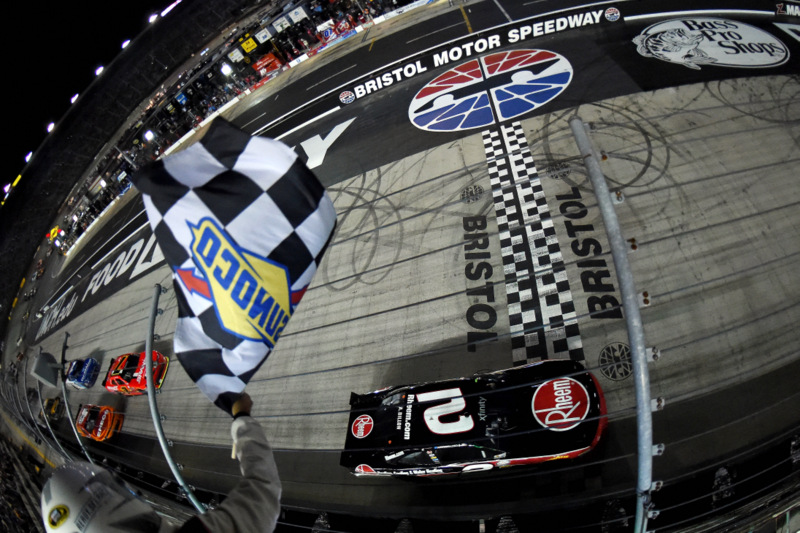 BRISTOL, TN - AUGUST 19: Austin Dillon, driver of the #2 Rheem Chevrolet, takes the checkered flag during the NASCAR XFINITY Series Food City 300 at Bristol Motor Speedway on August 19, 2016 in Bristol, Tennessee. (Photo by Rainier Ehrhardt/NASCAR via Getty Images)