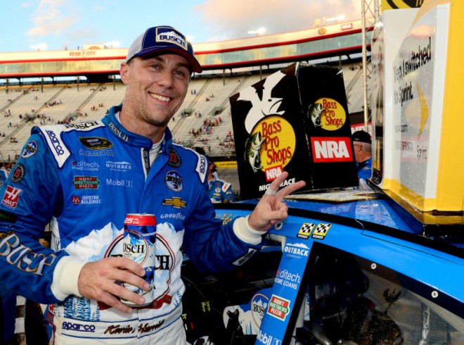 BRISTOL, TN - AUGUST 21: Kevin Harvick, driver of the #4 Busch Beer Chevrolet, poses with the winner's decal in Victory Lane after winning the NASCAR Sprint Cup Series Bass Pro Shops NRA Night Race at Bristol Motor Speedway on August 21, 2016 in Bristol, Tennessee. The race was delayed due to inclement weather on Saturday, August 20. (Photo by Jeff Curry/NASCAR via Getty Images)
