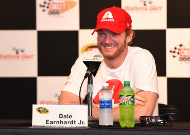 WATKINS GLEN, NY - AUGUST 05: Dale Earnhardt Jr., driver of the #88 Hendrick Motorsports Chevrolet, speaks to the media before practice for the NASCAR Sprint Cup Series Cheez-It 355 at Watkins Glen International on August 5, 2016 in Watkins Glen, New York. (Photo by Josh Hedges/Getty Images)