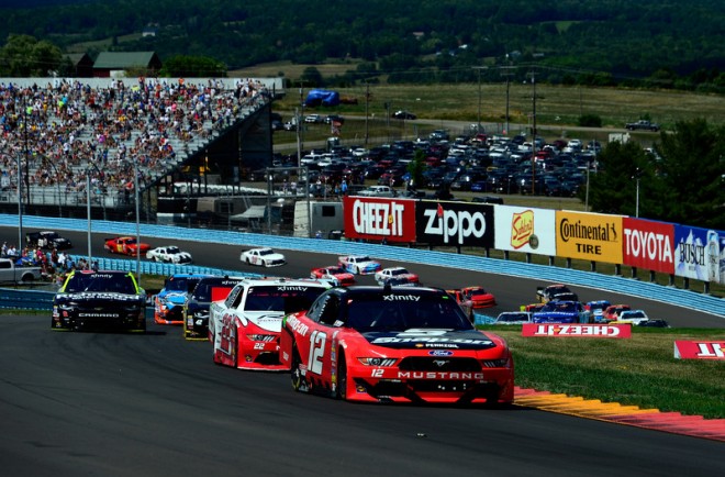 WATKINS GLEN, NY - AUGUST 06: Joey Logano, driver of the #12 Snap-On Ford, leads the field during the NASCAR XFINITY Series Zippo 200 at Watkins Glen International on August 6, 2016 in Watkins Glen, New York. (Photo by Robert Laberge/Getty Images)