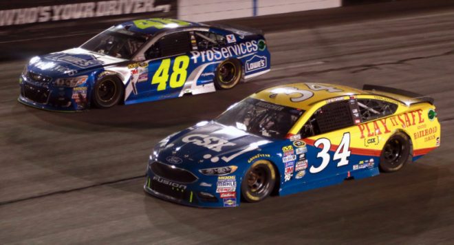 RICHMOND, VA - SEPTEMBER 10:  Jimmie Johnson, driver of the #48 Lowe's Pro Services Chevrolet, races Chris Buescher, driver of the #34 CSX - Play it Safe Ford, during the NASCAR Sprint Cup Series Federated Auto Parts 400 at Richmond International Raceway on September 10, 2016 in Richmond, Virginia.  (Photo by Matt Sullivan/NASCAR via Getty Images)