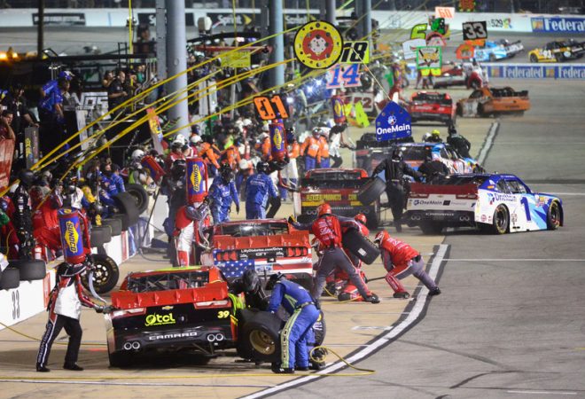 RICHMOND, VA - SEPTEMBER 09:  A general view as cars pit during the NASCAR XFINITY Series Virginia529 College Savings 250 at Richmond International Raceway on September 9, 2016 in Richmond, Virginia.  (Photo by Robert Laberge/Getty Images)