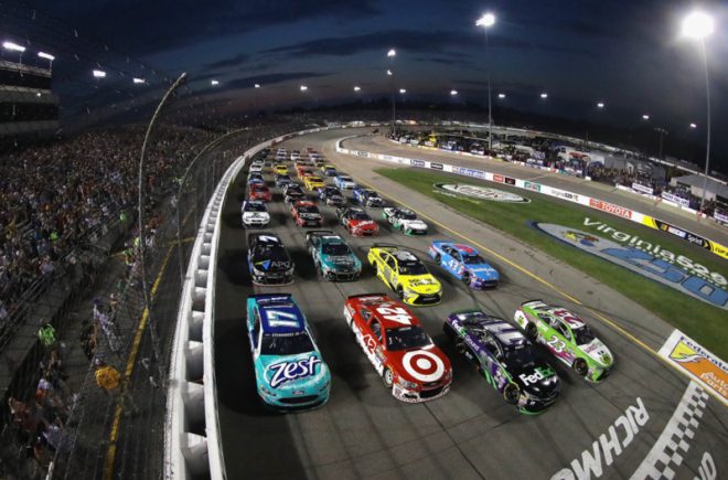 RICHMOND, VA - SEPTEMBER 10:  Drivers line up in a four-wide formation to salute fans during the inaugural Fan Appreciation Weekend prior to the start of the NASCAR Sprint Cup Series Federated Auto Parts 400 at Richmond International Raceway on September 10, 2016 in Richmond, Virginia.  (Photo by Chris Graythen/NASCAR via Getty Images)
