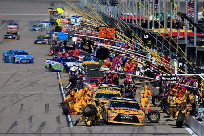 KANSAS CITY, KS - OCTOBER 16:  Drivers pit during the NASCAR Sprint Cup Series Hollywood Casino 400 at Kansas Speedway on October 16, 2016 in Kansas City, Kansas.  (Photo by Chris Trotman/Getty Images)